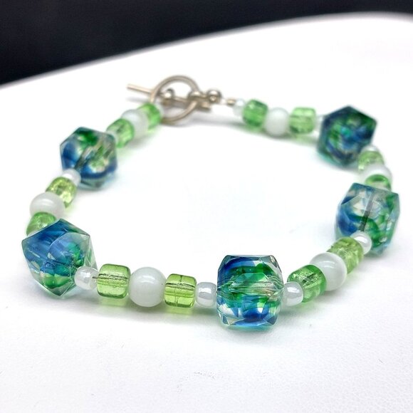 Vintage Art Glass Beaded Bracelet, Spring Green and Sky Blue Bangle with White T - Picture 1 of 5